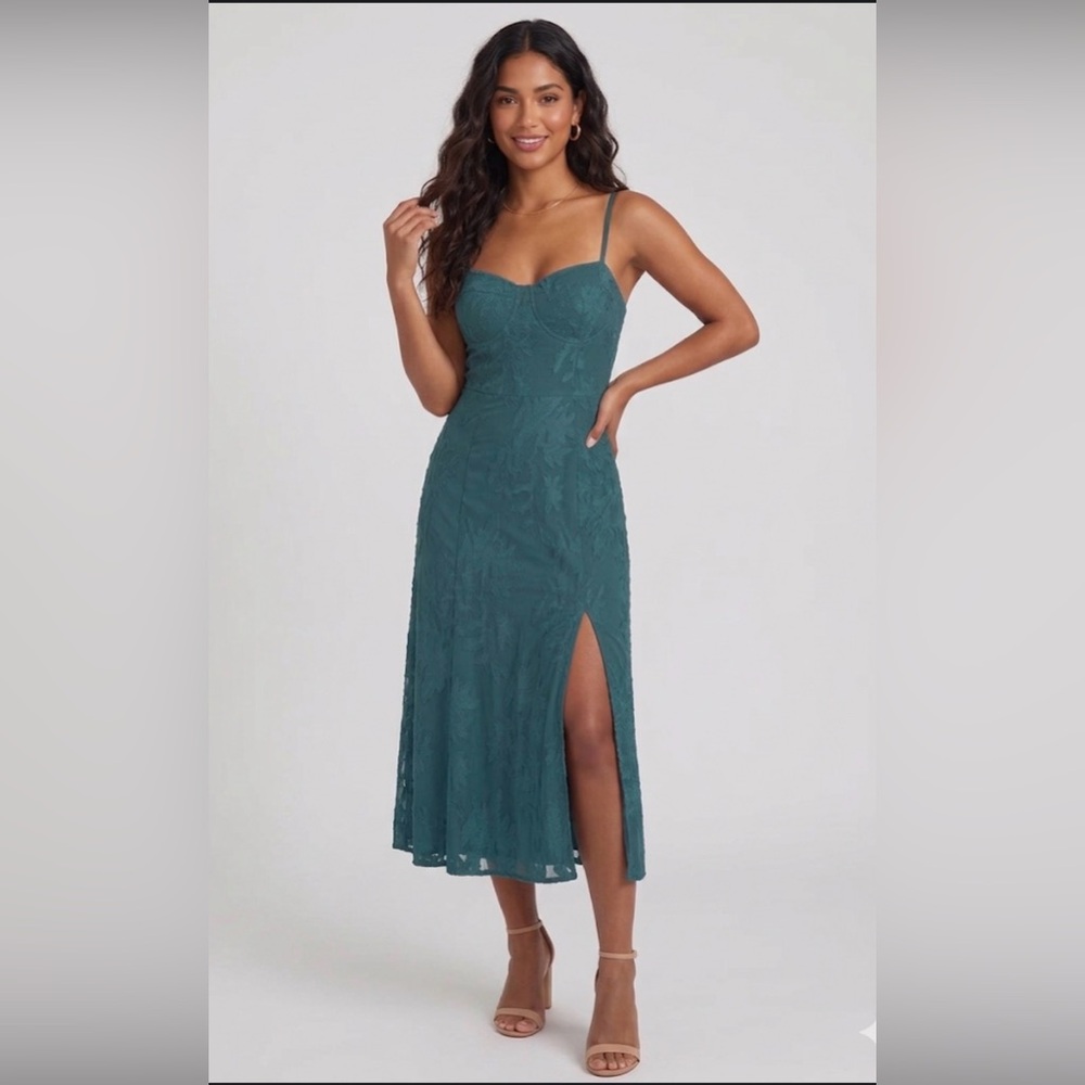 Lulus Teal Green Floral Lace Tie-Strap Midi Dress Size M